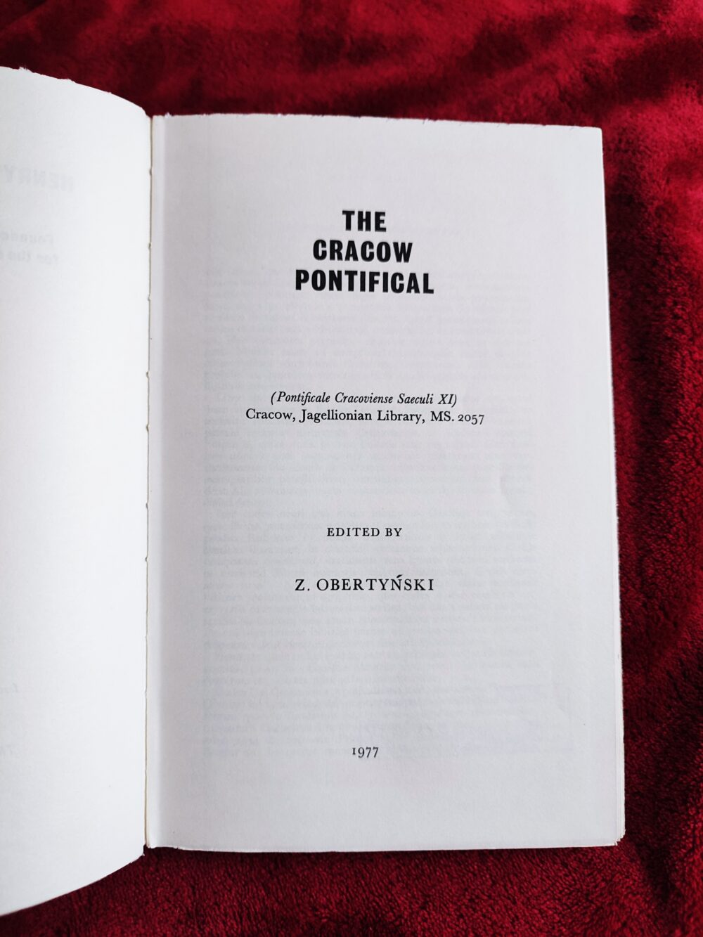 Z. Obertyński, "The Cracow Pontifical (Pontificale Cracoviense Saeculi XI)" [1977]