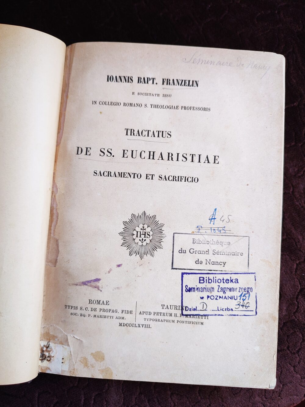 Ioannis Bapt. Franzelin, "Tractatus de SS. Eucharistiae Sacramento et Sacrificio" [1868]