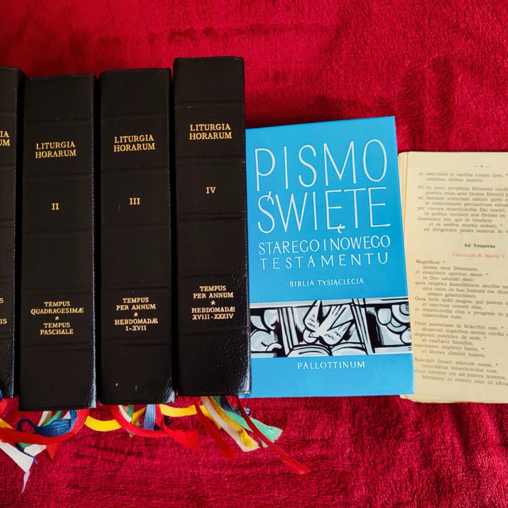 Liturgia Horarum juxta Ritum Romanum (t. I-IV) + Biblia Tysiąclecia + 5 skórzanych futerałów