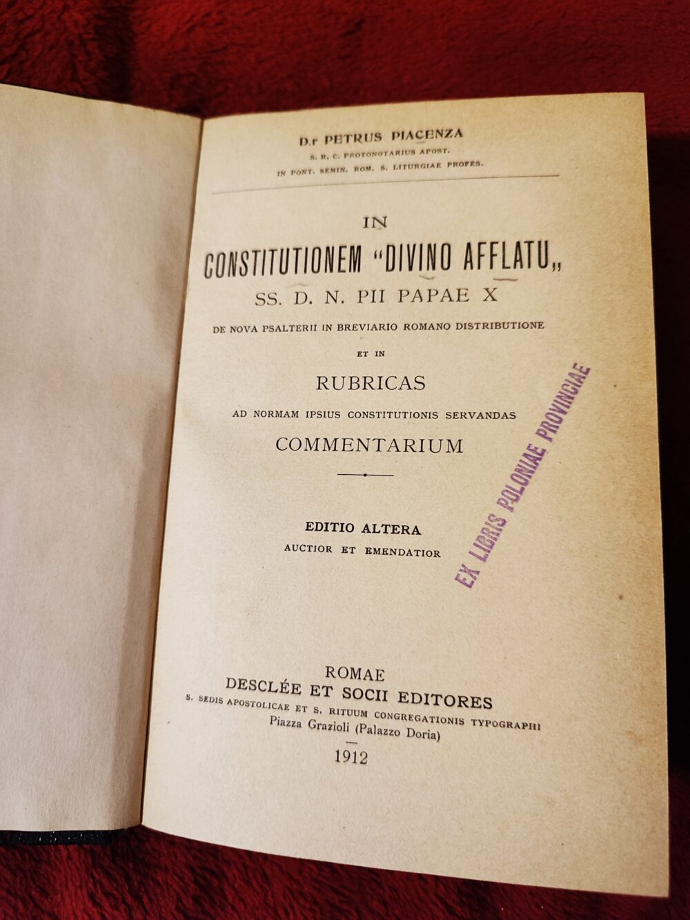 Petrus Piacenza, "In constitutionem 'Divino afflatu' SS. D. N. Pii Papae X de nova Psalterii in Breviario Romano distributione et in rubricas ad normam ipsius constitutionis servandas commentarium" [1912]
