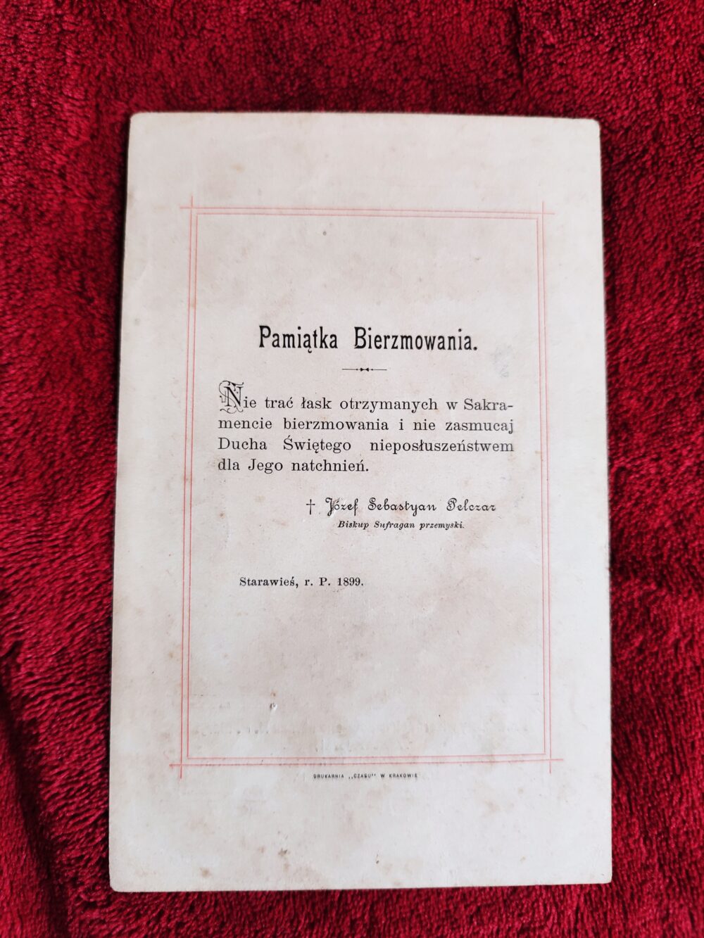 Obrazek pamiątkowy z otrzymania Sakramentu Bierzmowania z rąk św. biskupa Józefa Sebastiana Pelczara w 1899 roku - obrazek 2