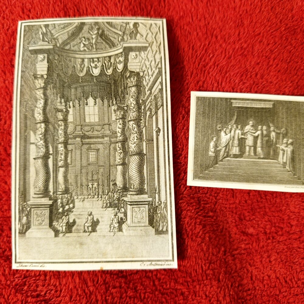 Dwie ryciny ilustrujące ceremonie liturgii papieskiej z początku XIX w.